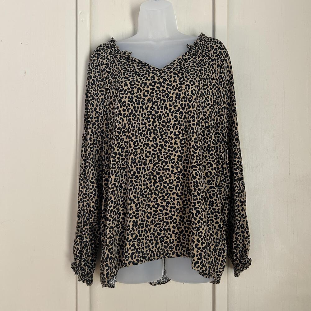 Blouse Womens Large Beige Leopard Print V Neck Long Sleeve Ruffle Top Basic